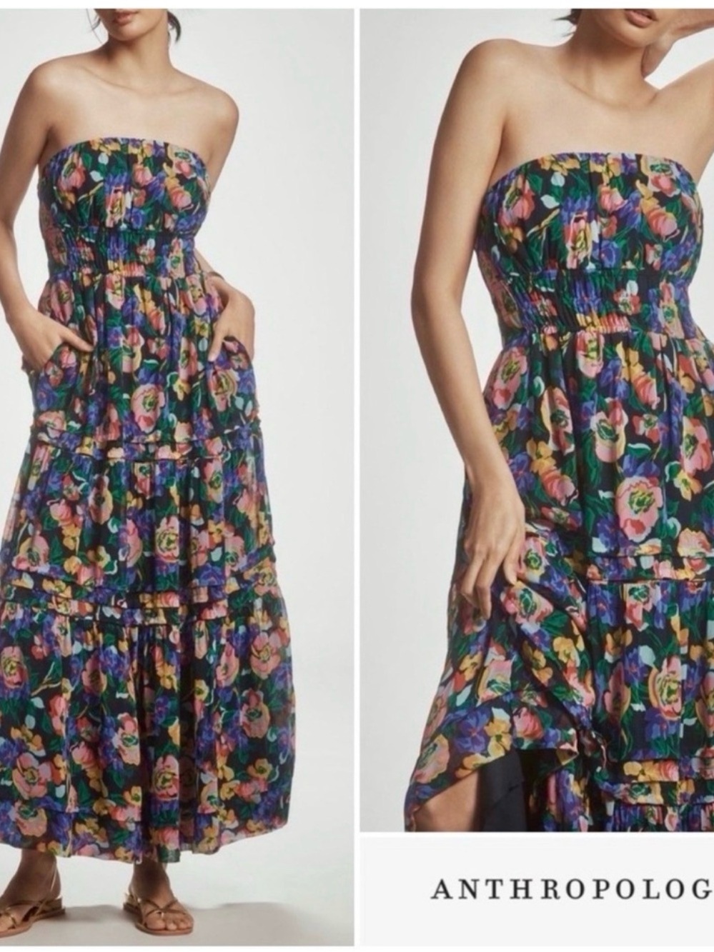 Anthropologie Strapless Floral Midi Dress in Navy, Green, Pink